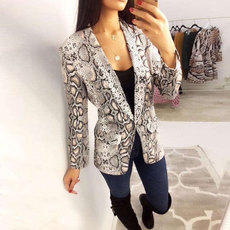 

New 2020 Autumn winter fashion woman snakeskin print slim jacket England Style Long sleeve Turn-down Collar Open Stitch Coats, Multi
