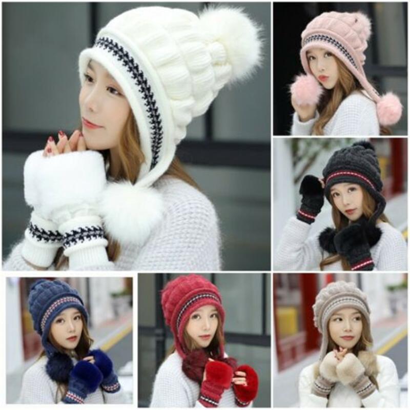 

Women Winter Beanie Hat and Gloves Set Warm Knitted Thicken Hat Cap Xmas Gift Red/navy/Black/Pink