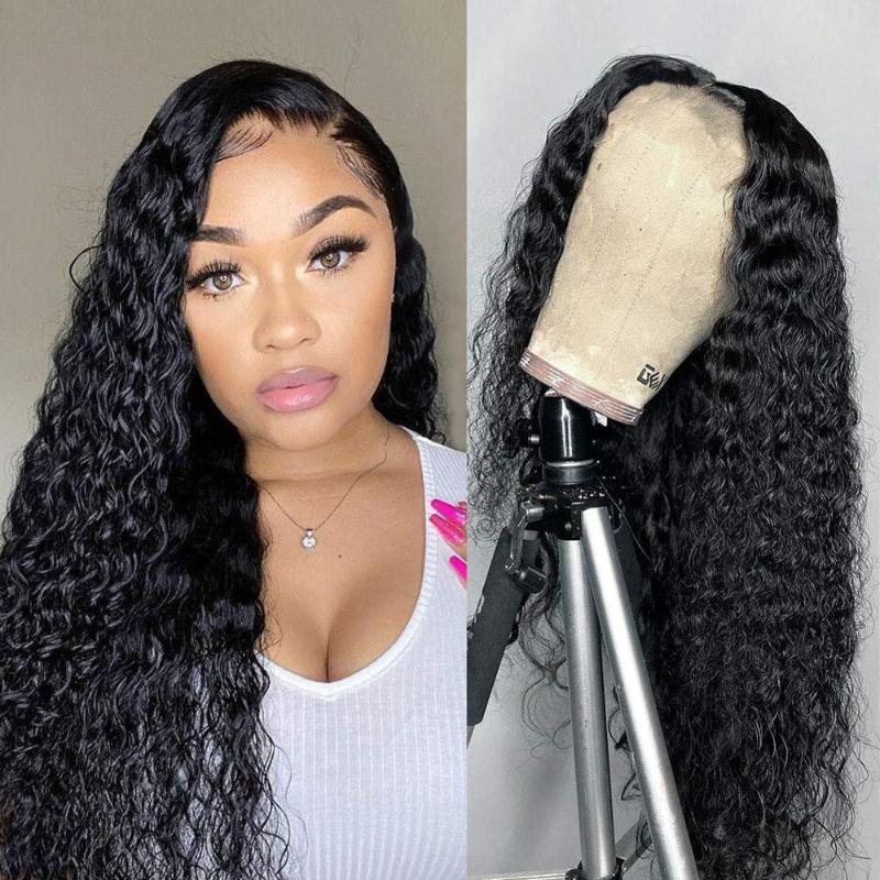 

4x4 Lace Closure Wigs Peruvian Human Hair Water Wave Wigs with Baby Hair 150% Density Black for Women, #1b