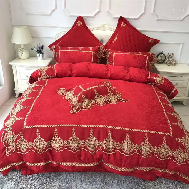 

4/6/7Pcs luxury Silk Cotton Jacquard eastern charm wedding Bedding Set lace Duvet cover set Bedsheet Pillowcase Queen King Size1, Zyj1