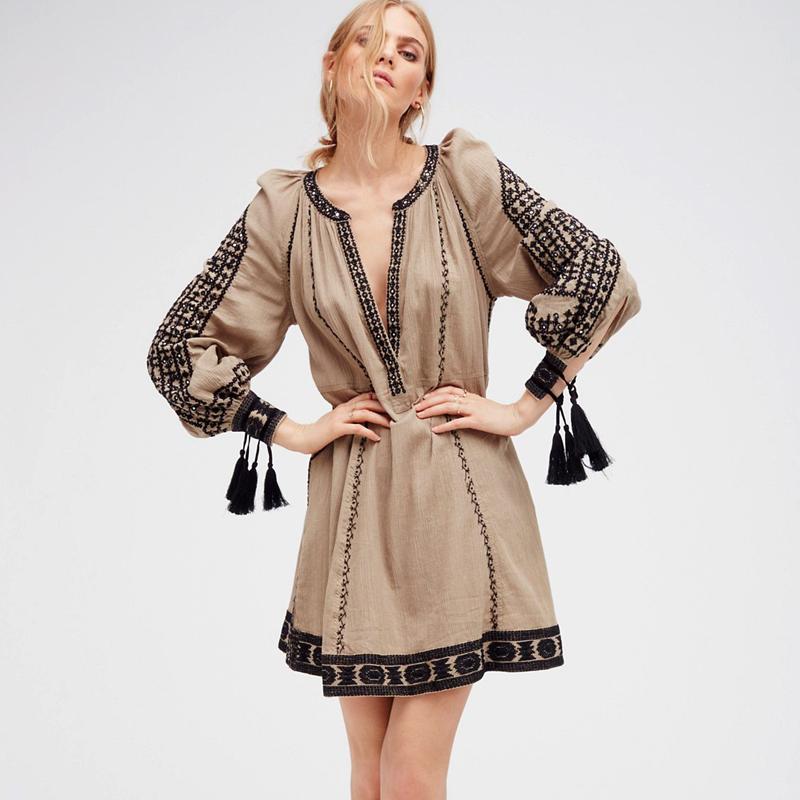 

Boho Floral Embroidery Dress Women' Clothes New Deep V-neck Summer Dress Long Sleeve Hippie Casual Cotton Mini Dresses Vestidos, Khaki