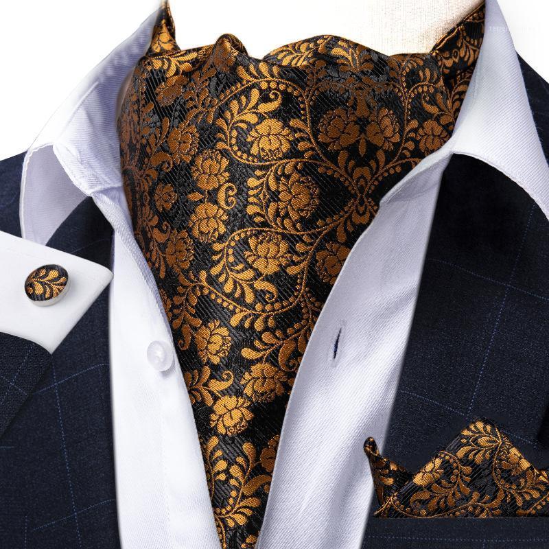 

Bow Ties Luxury Gold Black Floral Silk Cravat Ascot Scrunch Self Tie Men Vintage Pocket Square Set For Wedding Party DiBanGu1