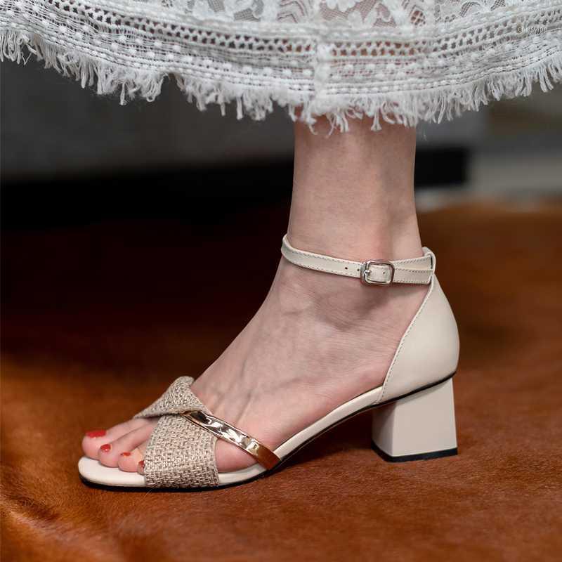 

Genuine Leather Women Sandals Square Toe Slip on Slides Ladies Open Toe Dress Med Heel Sandals for Women Shoes1, Beige