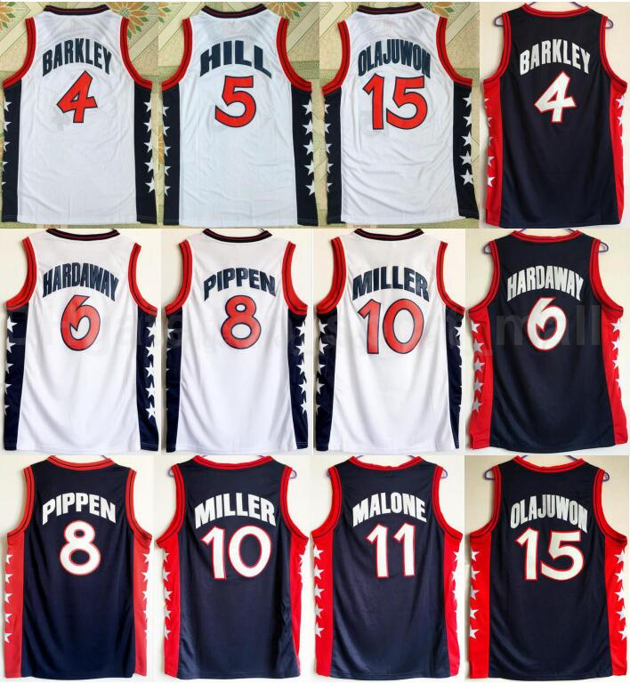 

1996 US Dream Team Basketball Hakeem Olajuwon Jersey Penny Hardaway Charles Barkley Reggie Miller Scottie Pippen Grant Hill Karl Malone, 4 white