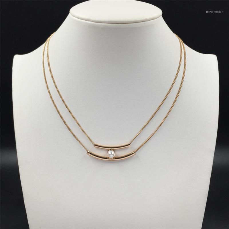 

Gold Color Plating Two Thin Pipe beside Pearl in Center Collar Necklace For Women Girl Casual Trendy Lady GIft High Quality1