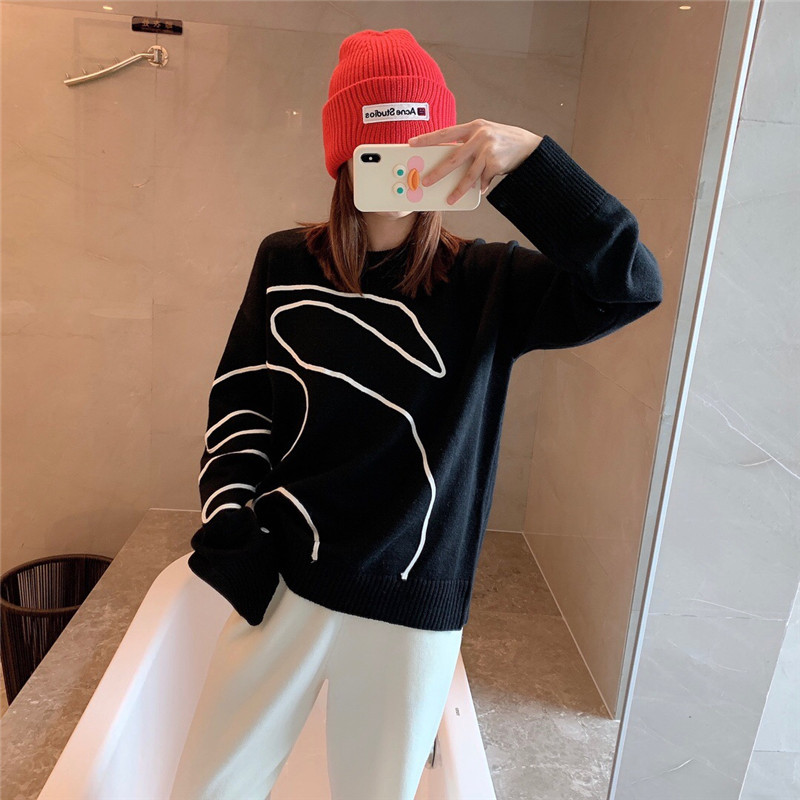 

2021 New Mode Female Wool Embroidered Swan Loose Mesh Chic Tops Korean Brand Long Sleeves Black Oversized Pullovers M9W8, White