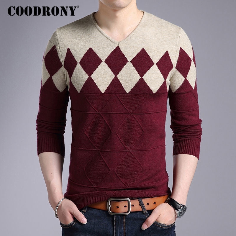 COODRONY Cachemire Laine Pull Hommes Automne Hiver Slim Fit Pulls Hommes Argyle Motif VCol Pull Homme Chandails De Noël 201130