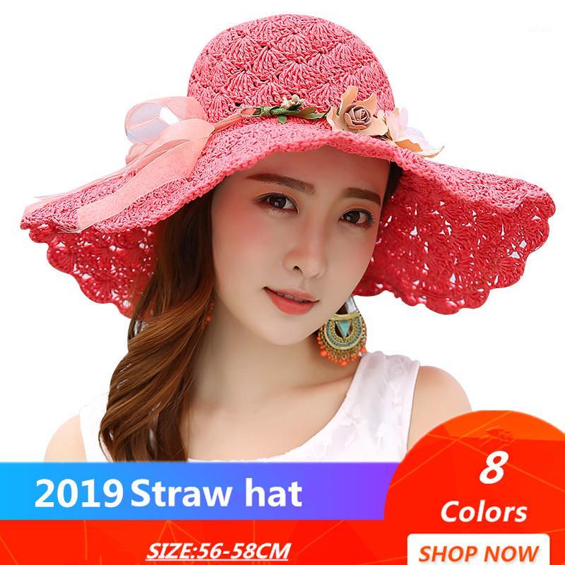 

summer Flower straw hat women big wide brim beach hat sun foldable sun block UV protection panama bone chapeu feminino1, Red rose