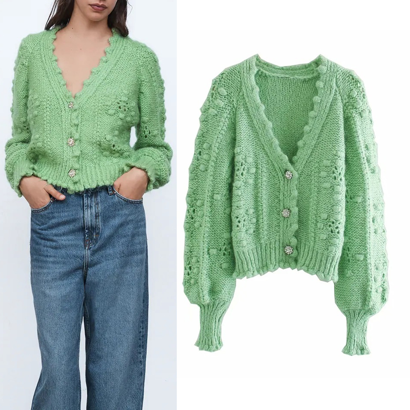 

2021 New Women Green Textured Weave Cropped Knitted Cardigan Sweater Autumn V-neck Puff Long Sleeve Button Up Outerwear Edcm