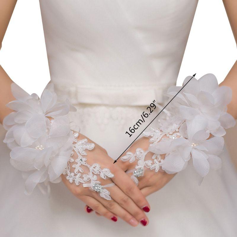 

Embroidery Lace Fingerless Gloves Flower Rhinestone Wedding Bridal Short Mittens