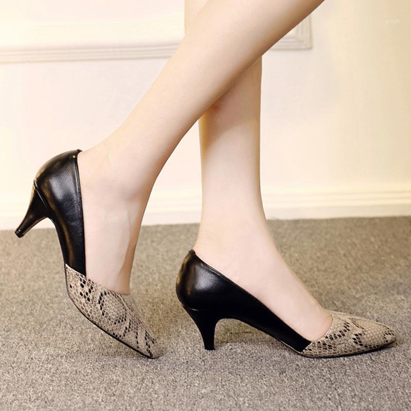 

Women Pumps Snake Print Med Heels Dress Shoes Sexy Pointed Toe Ladies Office Shoes Boat Patchwork Spring Autumn 7933L1, White