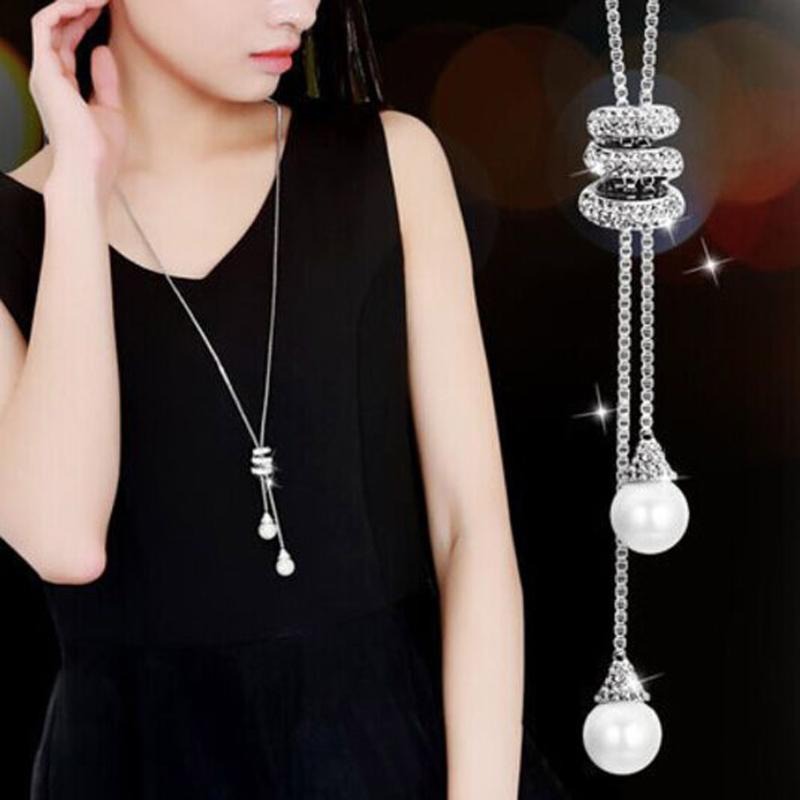 

HOT Simulated Pearl Long Sweater Chain Circles Necklace Vintage Accessary Crystal Collares Statement Jewlery Sweater Chain