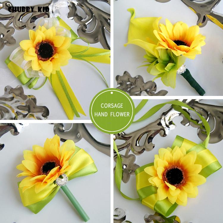 

10pcs/lot ! Artificial yellow color sunflower groomsmen boutonnieres groom corsages bridal wrist flowers Bridesmaid hand flowers, A hand flower