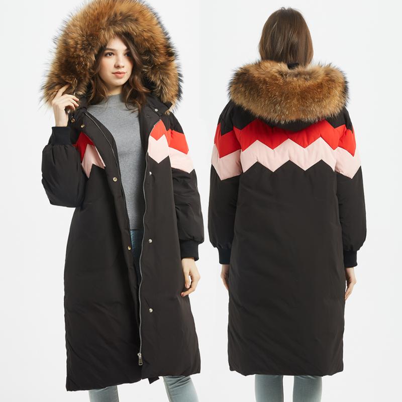 

2020 fashion women's clothing Leather natural raccoon fur collar Loose long White duck down thick warm Long coat park pike