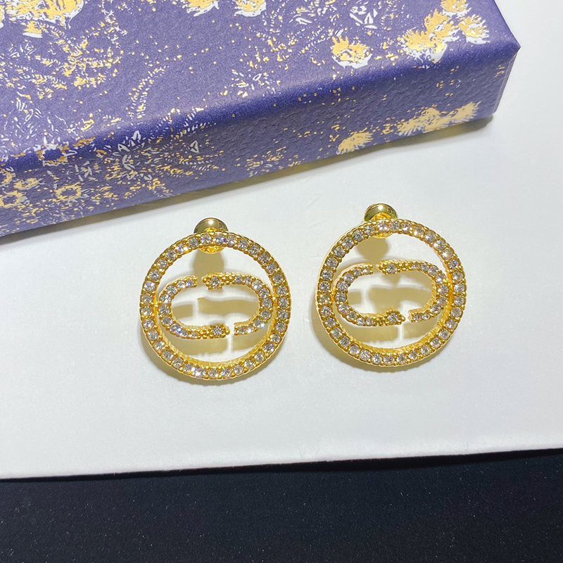 

Women's Stud Luxury High Quality Letter Logo Circle Diamond Hoop Earrings 925 Silver With Box L-D32, Golden;silver