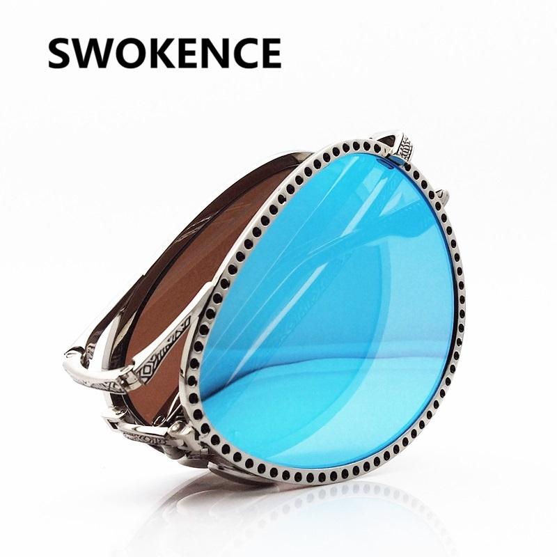 

SWOKENCE Luxurious Foldable Sunglasses Women Vintage Pilot Portable Folding Frame Sun Blinkers Colorful Mirror Sun Glasses SA34