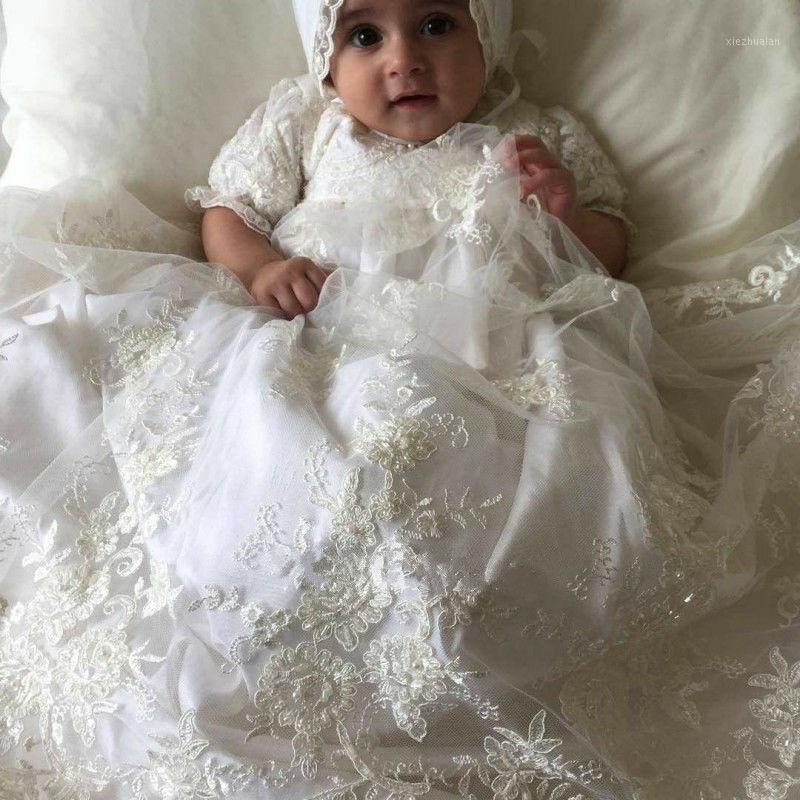 

White Ivory Baby Girl Lace Dress Extra Long Christening Dress and 1 Year Birthday Baby Girl Baptism1, White 12m