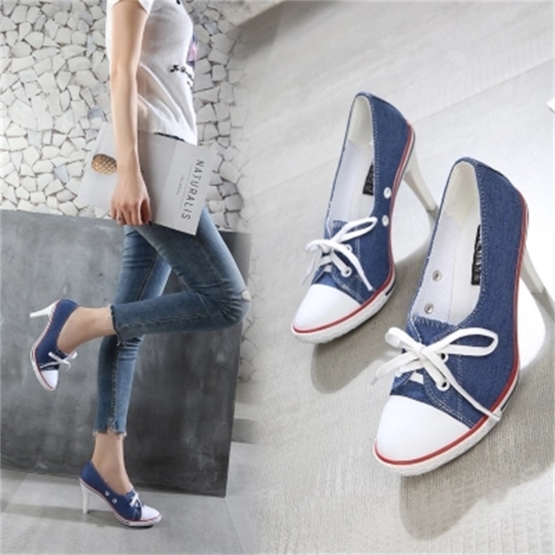 

2020 24-style denim bombs with quality flat mouth feminine high heels 6-8 in girl canvas student shoes size 34-41, Heel 6cm
