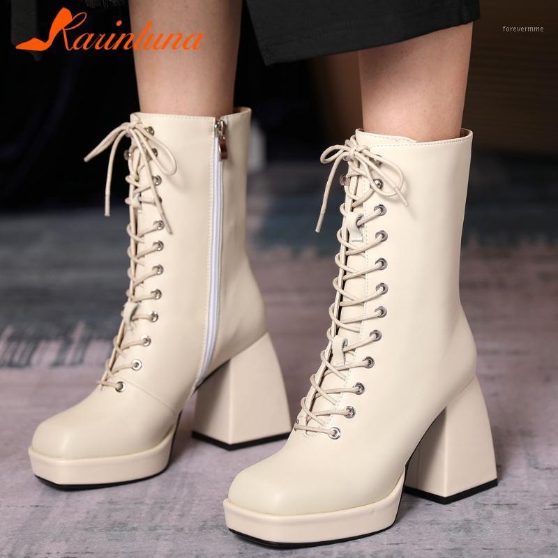 

Karin 2020 New Design Genuine Leather Thick Heels Mid-calf Boots Woman Shoes Zip Platform cross-tied Concise Fashion Boots1, Black