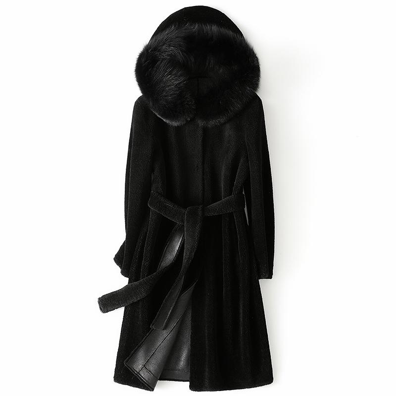 

High Quality 100% Wool Fur Coat Women Long Woman Jacket Warm Winter Clothes Hooded Fur Collar 2020 Manteau Femme Pph2904, Black