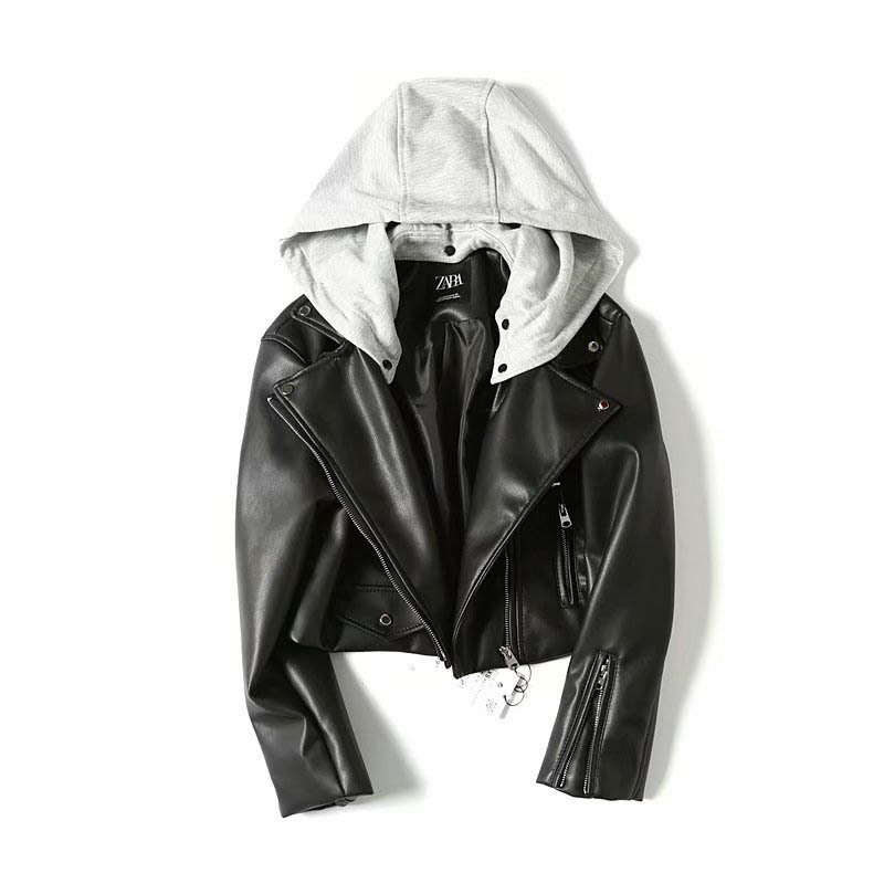 

With hood of the fake soft women's leather short plutonium motorcycle cap detachable female black punk jacket XMK3