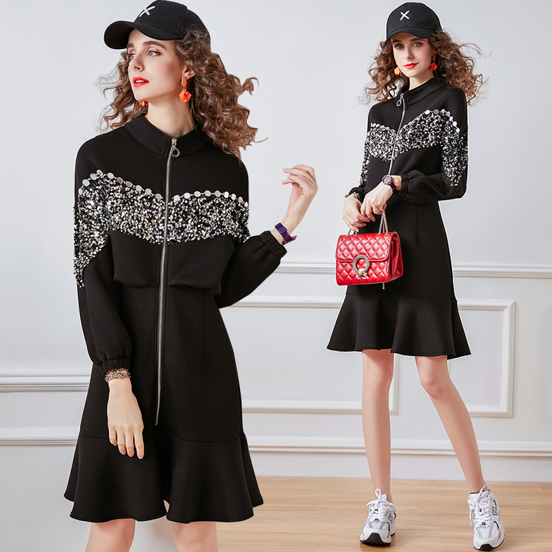 

2021 New Autumn Beading Zipper One Piece Mini Women Long Sleeve Bodycon Club Party Runway Mermaid Vestidos Pd9a, Black