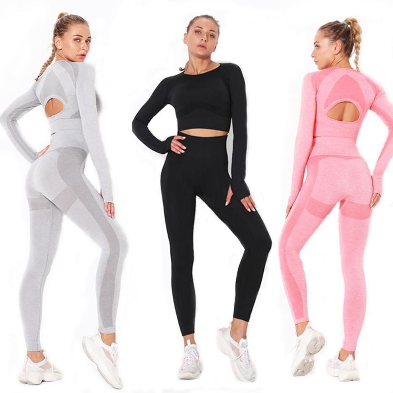 

Seamless hollow Yoga Set Women Fitness Sports Suit Long Sleeve Shirts High Waist Running Leggings Gym Clothing1, Black