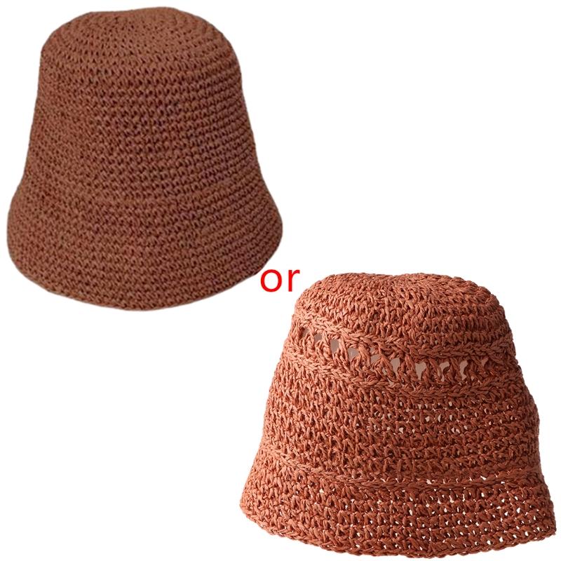 

Women Summer Crochet Straw Bucket Hat Sun Protection Dome Foldable Fisherman Cap, Kh