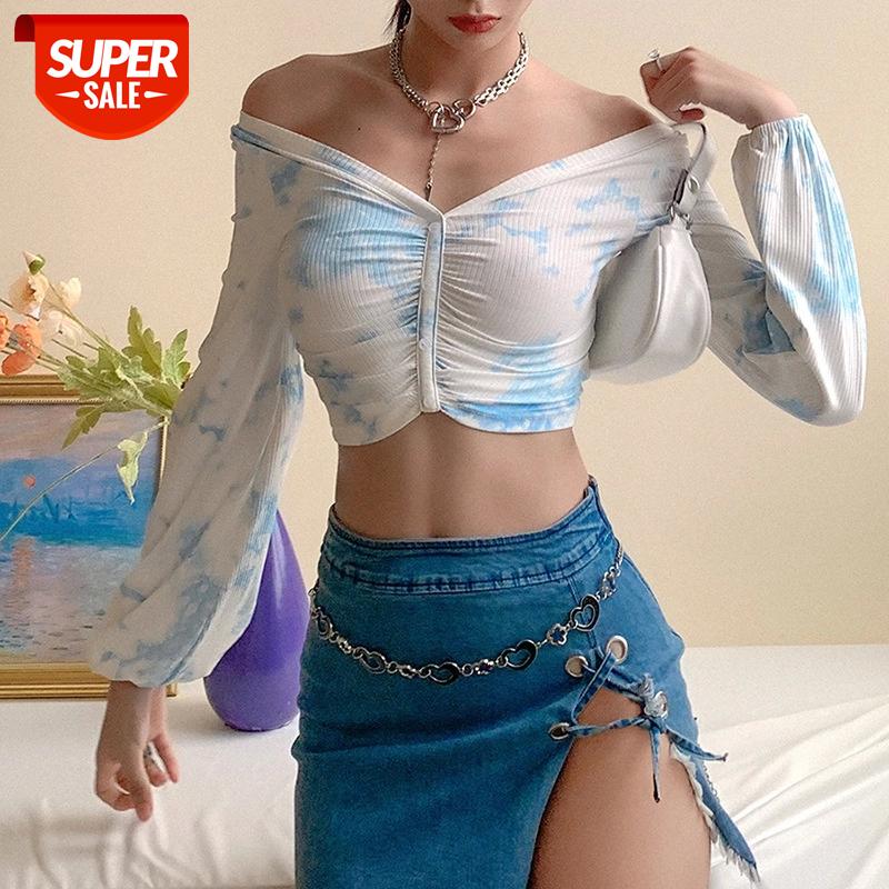 

ArtSu woman tshirts Tie-dye Casual Ribbed Soft Fabric tops Sweet Girl shirts v-neck Long Sleeve V-neck Slim Basic Tees TS52213 #rl9i, White