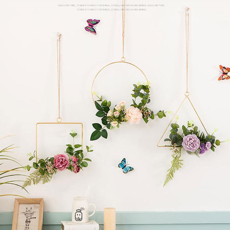 

Nordic Style Golden Wrought Iron Wreath Aerial Geometric Hoop Pendant Home Wall Wedding DIY Wall Hanging Decoration Accessories1, Circle gold