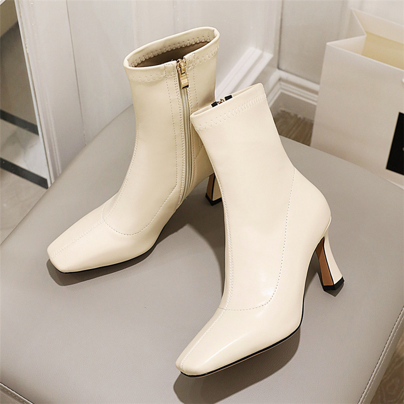 

2020 mais tamanho moda feminina meias dedo do p quadrado fio elstico tornozelo botas inverno senhora bege preto grosso sapatos de IYZW, Beige