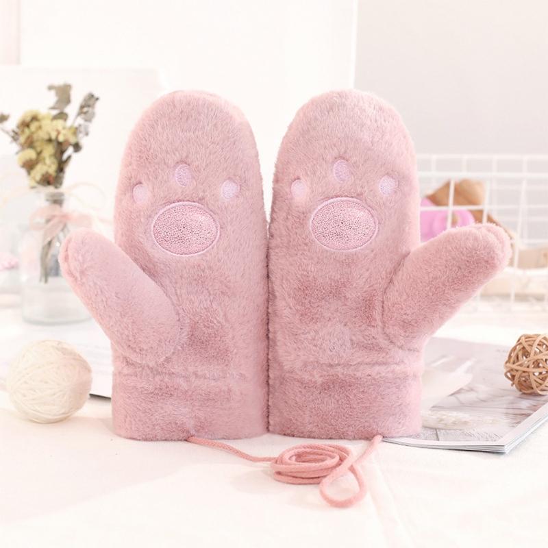 

Toddler Kids Winter Fluffy Plush Full Finger Gloves Cartoon Bear Embroidery Windproof Thermal Mittens with String