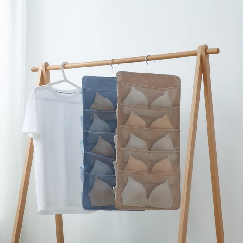 

Double Sided Underwear Hanging Organizer, Solid Color Oxford Cloth Storage Bag with 20 Mesh Pockets, Beige