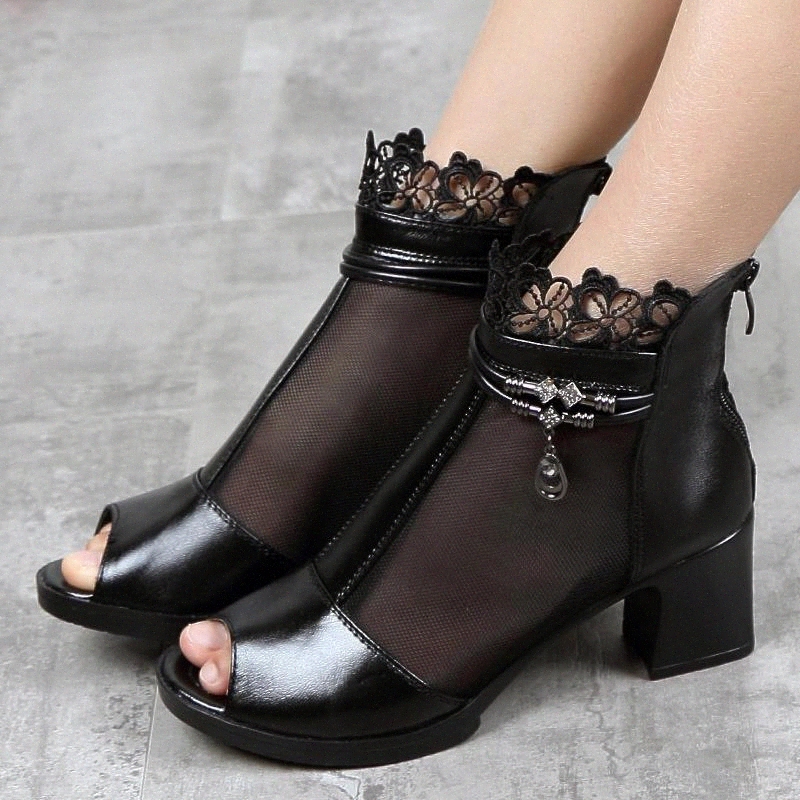 

2021 Summer Shoes Women High Heels Sandals Genuine Leather Black Peep toe Women Sandals Ladies Party Shoes Square Heels A2306 #Cw7f