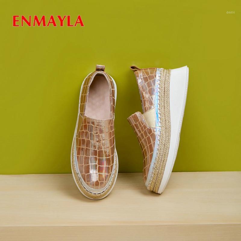 

ENMAYLA 2020 Basic Women Heels Wedges Round Toe Slip-On Casual Shoes Woman Genuine Leather Leisure Sewing Platform Heels 34-391, Gold