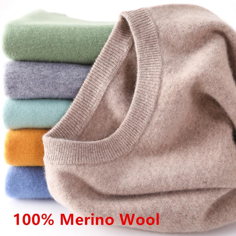 

100% Merino Wool Classic Pullover Men Sweater 2020 Autumn Winter Warm Jumper Ropa Hombre Pull Homme Knitted Cashmere Sweaters, Black