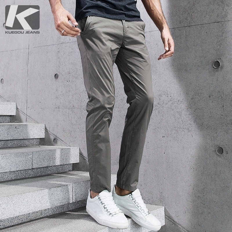 

KUEGOU Autumn Thin Cotton Black Casual Pants Men Long Classic Trousers For Male Fashion Vintage Work Brand Clothing 2397 201116, Light gray