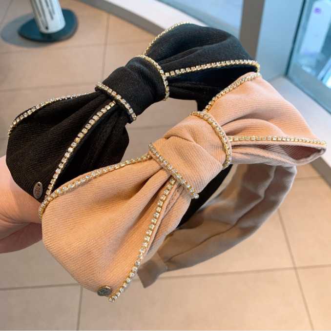 

spring retro rhinestone edging chain side bow headbands wide version non-slip pressure hair