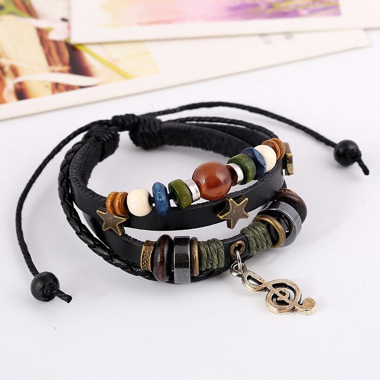 

Punk Beads Leather Vintage Bracelet Alloy Music Notes Leather Bracelet Men Jewelry