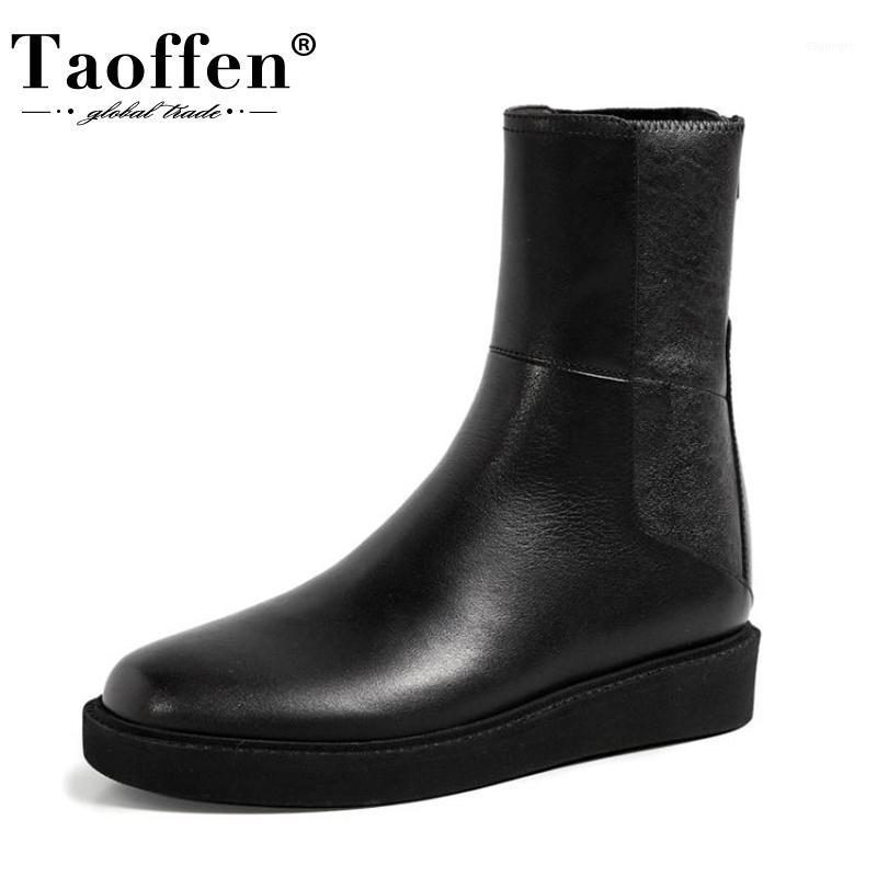 

Taoffen Real Leather Women Ankle Boots Round Toe Flats Zipper Shoes Winter Warm Boots Women Fashion Party Footwear Size 34-401, Black