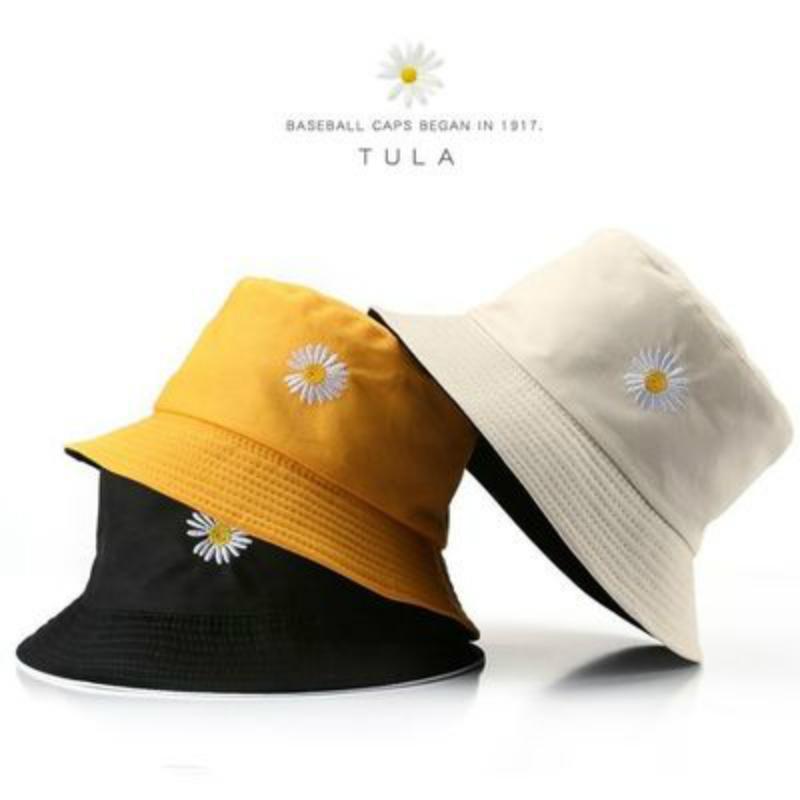 

Spring Summer Daisies Bucket Hat Women Men Cotton Fashion Sad Boy Cap Girl Double-Sided Daisy Bob Sun Femme Floral Fisherman Hat, Yellow black