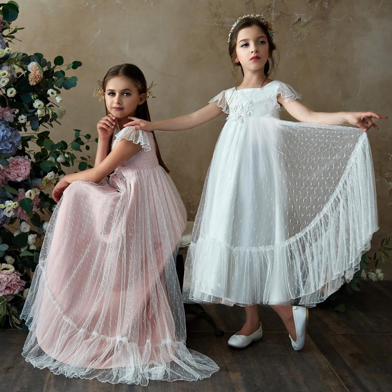 

Flower Girl Dresses Lace 3D Flower Appliques Cap Sleeves Girls A-line Gowns Birthday Party Toddler 2-11Y, Pink