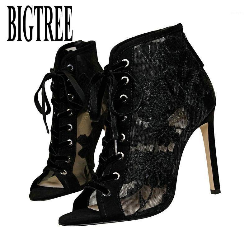 

BIGTREE 2021 Fashion Black Summer Pumps Embroidered Lace Up Cross-tied Peep Toe High Heel Sexy Net Surface Hollow Out Sandals1