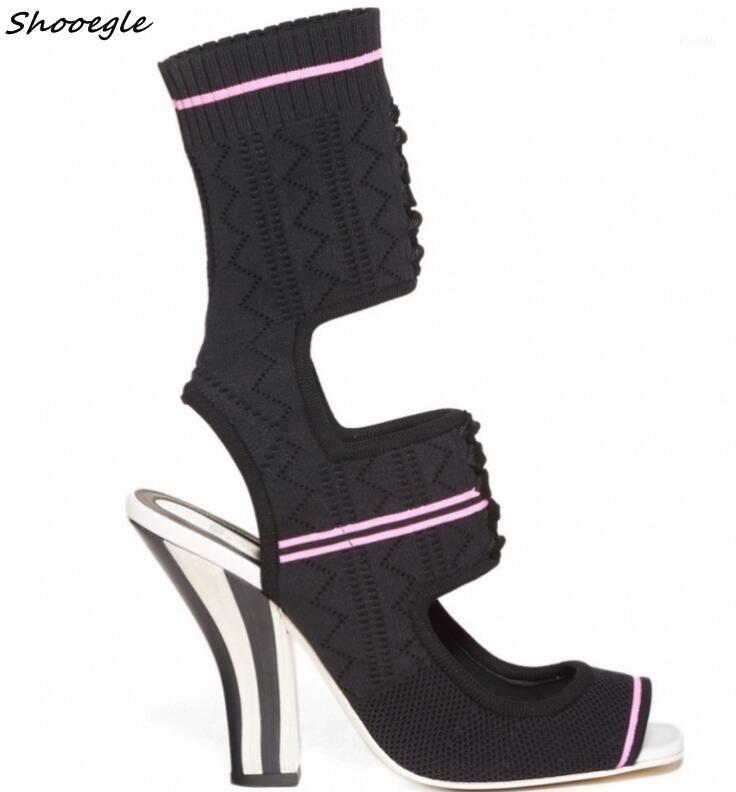 

SHOOEGLE Big size 43 Women Strecth Fabric Ankle Boots Gladiator Cut Outs Stripe Stacked Heels Sock Sandal Boots Summer Fashion1, As pics