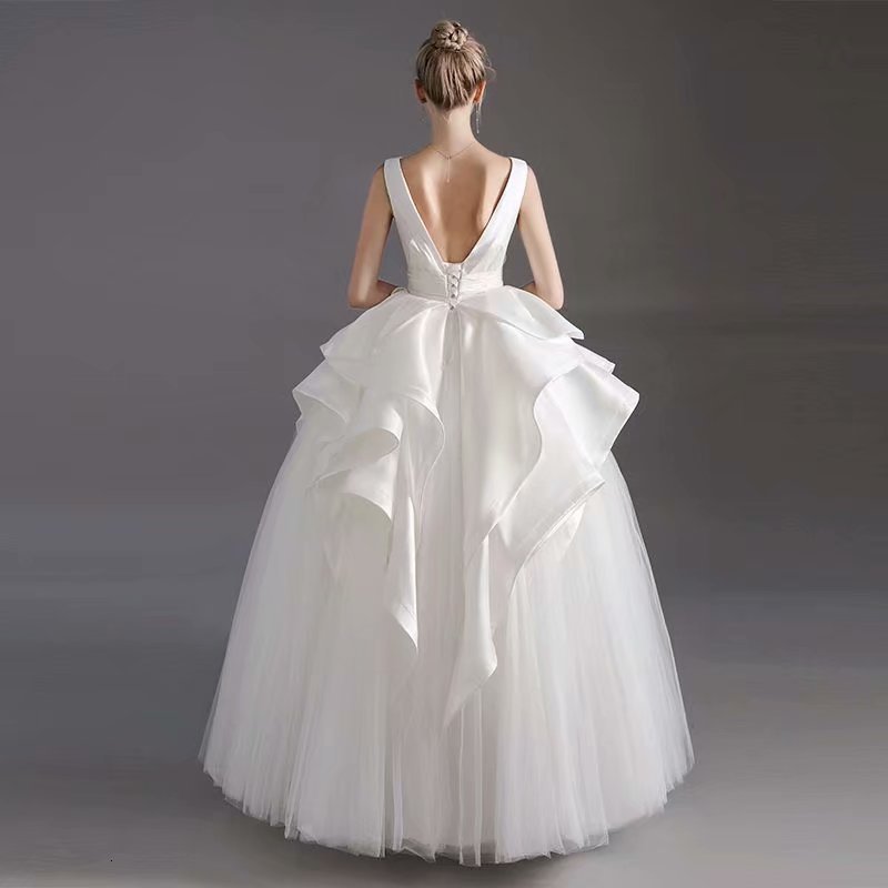 

2021 New Wedding Dress, Back-down Lace-up Tulle Satin 7N6F, Ivory white