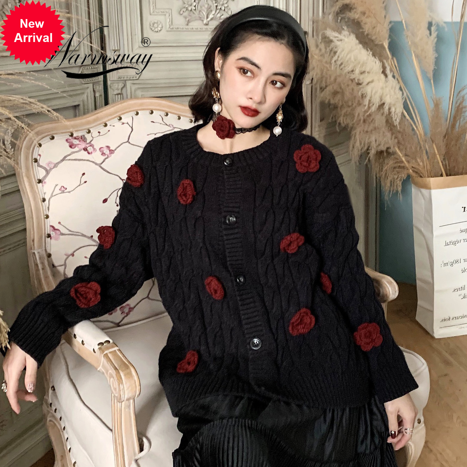 

Lane 2020 High quality female winter floral embroidery cardigan sweater outwear knitted woman's clothing luxury C-218-1, Black