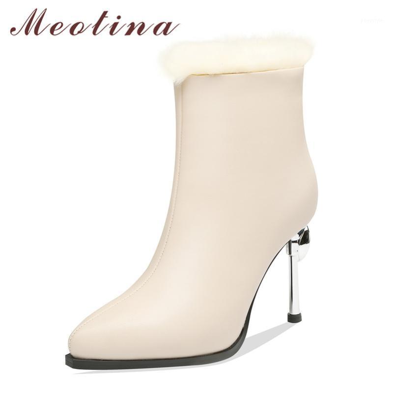 

Meotina Real Leather Super High Heel Short Boots Women Shoes Pointed Toe Stiletto Heels Zipper Wool Fur Ankle Boots Winter Beige1, Beige