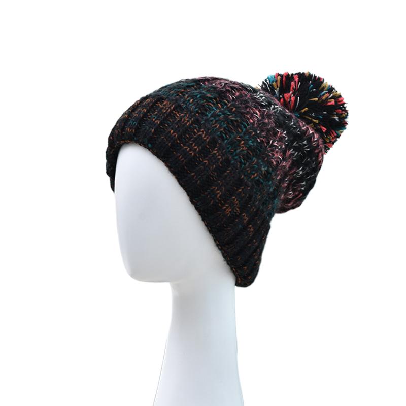 

Soft Outdoor Adult Mixed Color Pompon Thicken Women Beanie Casual Snow Yard Warm Decoration Autumn Winter Knitted, Black