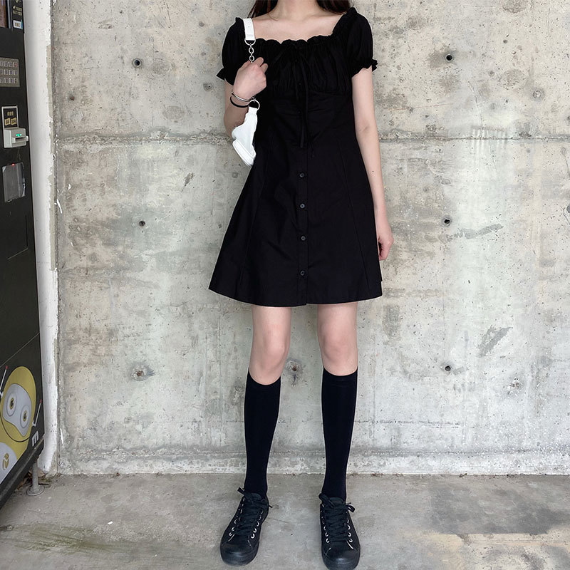 

2021 New Summer dress Korean soild color short sleeve puff a mini line women off the dressed in black (x1448) DXBY