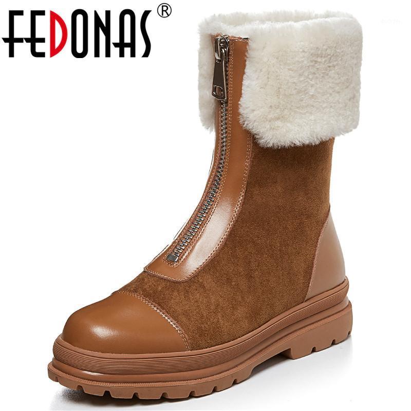 

FEDONAS Zipper Snow Boots For Women Genuine Leather Chunky Heels Women's Shoes Fall Winter Chunky Heels Ankle Boots1, Brown